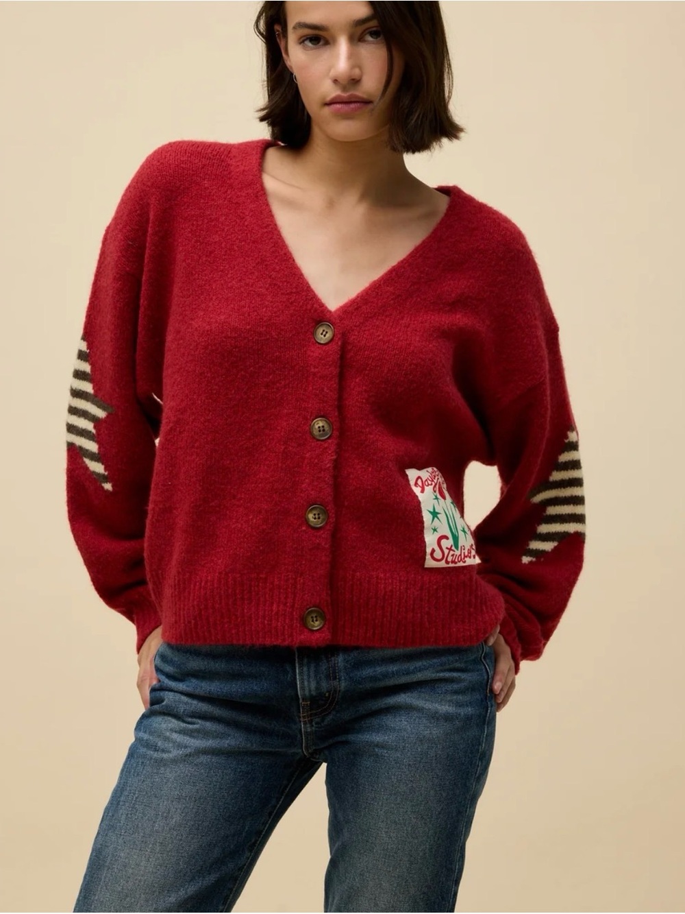Daydreamer Boxy Knit Red V-Neck Button Cardigan with Patch & Stripe Elbows